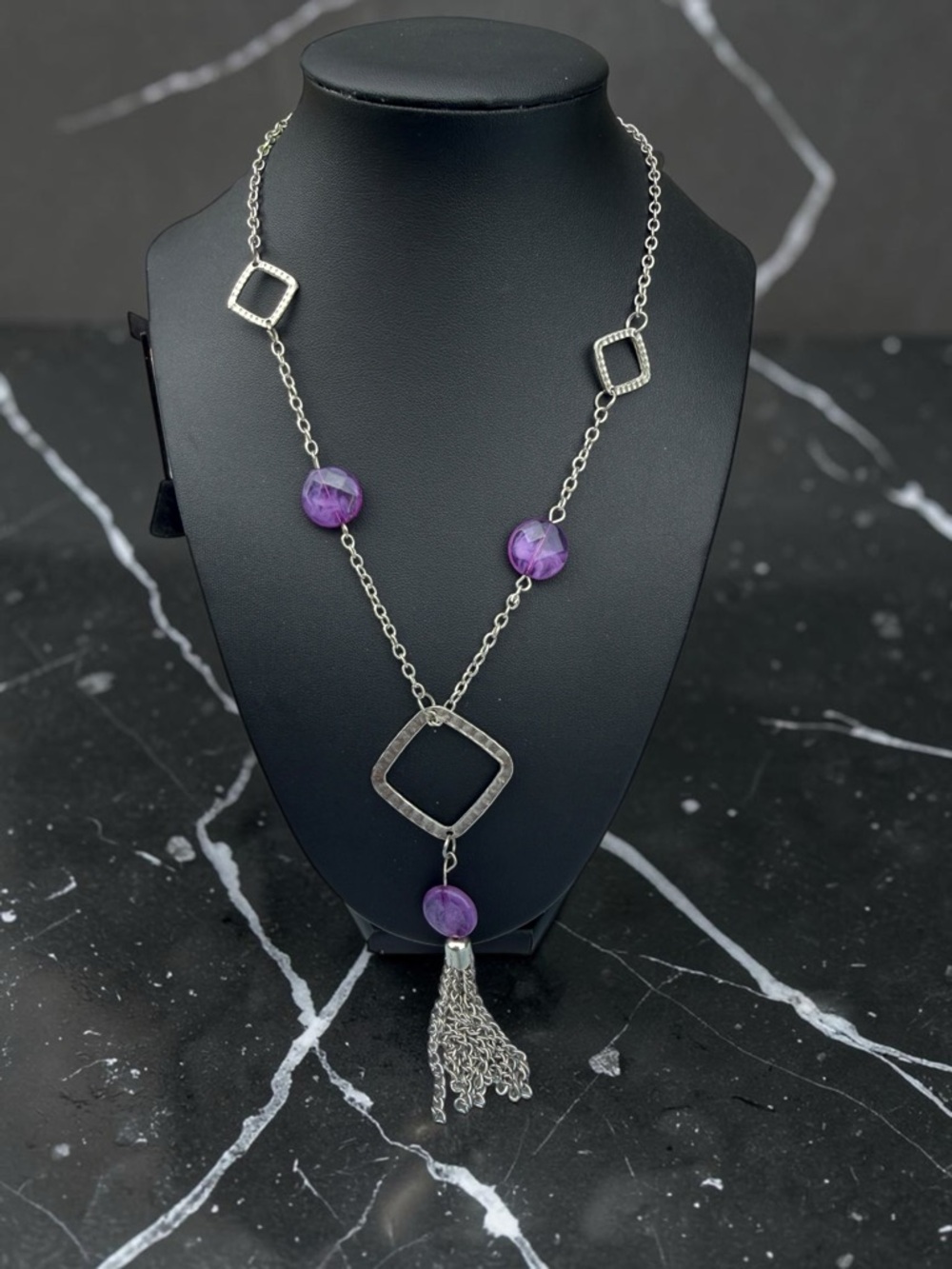 Boho Silver Hammered Square & Purple Bead Tassel Necklace Geometric Statement